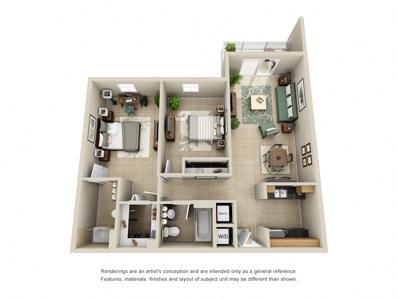 Floor plan for 2 beds, 2 baths, 1092 sqft